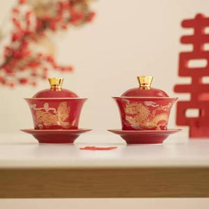 Keramische kopjes/theekommen voor Chinese bruilofttheeceremonie - Dragon & Phoenix