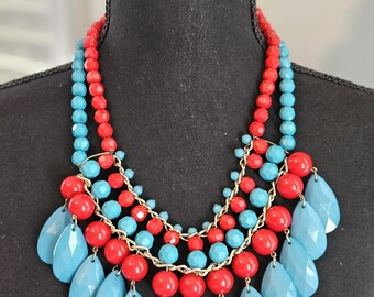 Red & Turquoise Beaded Statement Necklace: Bohemian Cowgirl Bauble Ladies Womens #Wearitagainlove (3M)