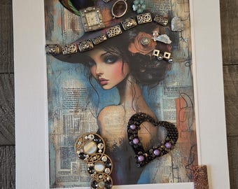 Tilly - Steampunk Peacock Artisan Bejeweled Canvas Print Woman Portrait Art Wall Decor Fashion Beaded Design by #DesignsByJBL