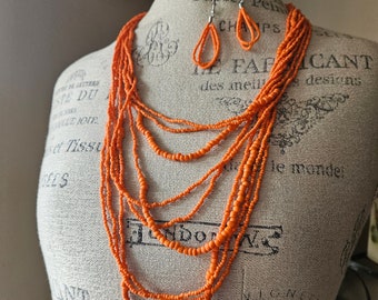 5Y Orange Multi-strand Seed Beaded Necklace with Earrings