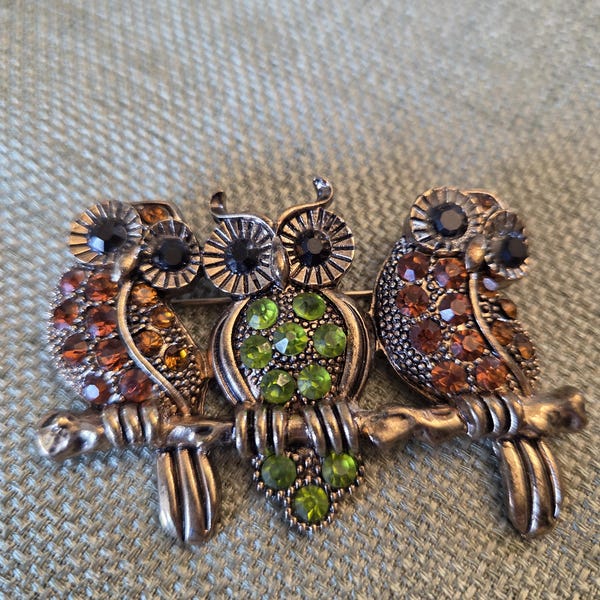 Vintage Art Deco 3 Owls on a Branch Brooch Rhinestones Multicolored Metal Woodland Wizard Brooch Pin #WearItAgainLove (MJ10)