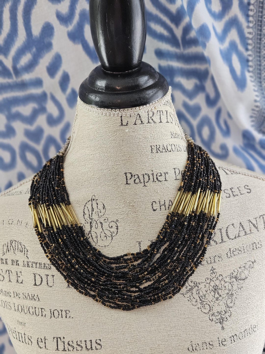 Boho Cultural Black and Gold Tone Multi-stand Beaded Necklace @ # ...