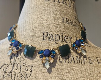 27W Avon Gold Tone Blue Green Rhinestone Necklace