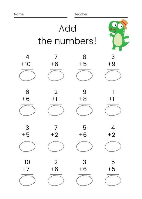 5 Simple Addition Worksheets with Numbers 1-10 | Etsy