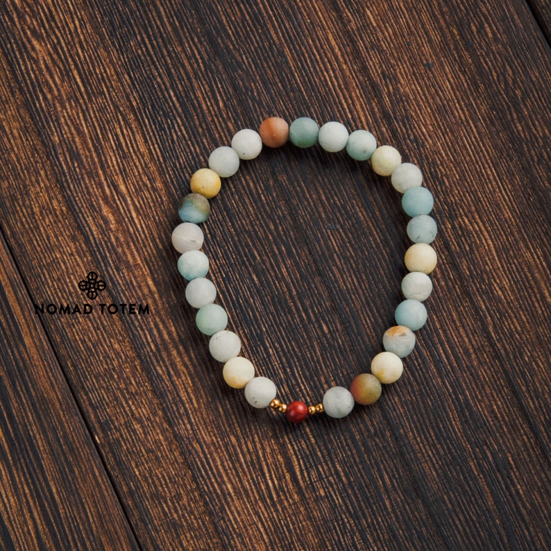Natural Gemstone Jewelry Matte Amazonite Stretch Bracelet Red Jasper Gift Bohemian Stacking Bracelet Tibetan Bracelet Boho Chic Style