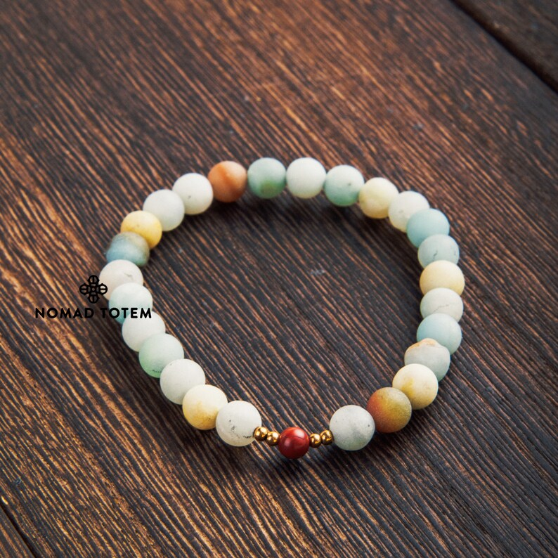 Natural Gemstone Jewelry Matte Amazonite Stretch Bracelet Red Jasper Gift Bohemian Stacking Bracelet Tibetan Bracelet Boho Chic Style