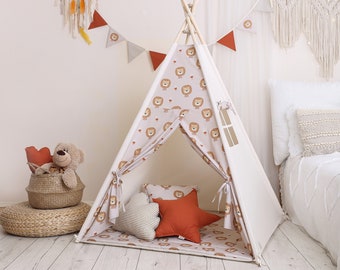 Lions & Beige teepee tent, high quality tipi, kids tipi tent, kids room, play tent for children room