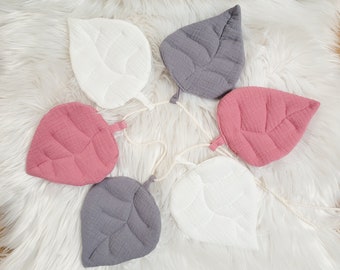 Muslin Garland - pink, grey and ecru  leaves, wall decoration, bed decoration