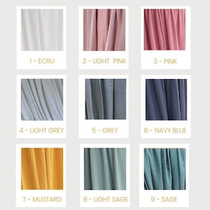 May include: A color chart featuring nine fabric swatches in various shades. The colors include ecru, light pink, pink, light grey, grey, navy blue, mustard, light sage, and sage. Each swatch is labeled with a number and color name.