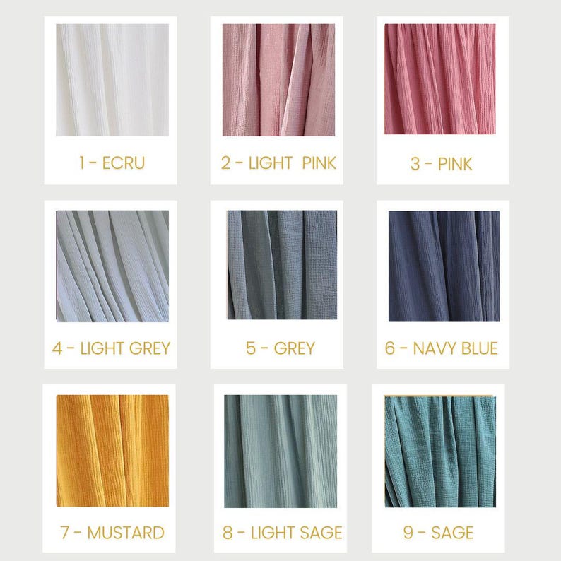 May include: A color chart featuring nine fabric swatches in various shades. The colors include ecru, light pink, pink, light grey, grey, navy blue, mustard, light sage, and sage. Each swatch is labeled with a number and color name.