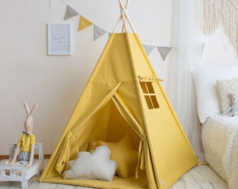 Mustard Cotton Teepee Tent – Handmade Kids Play Tent, OEKO-TEX Certified, Boho Nursery Gift