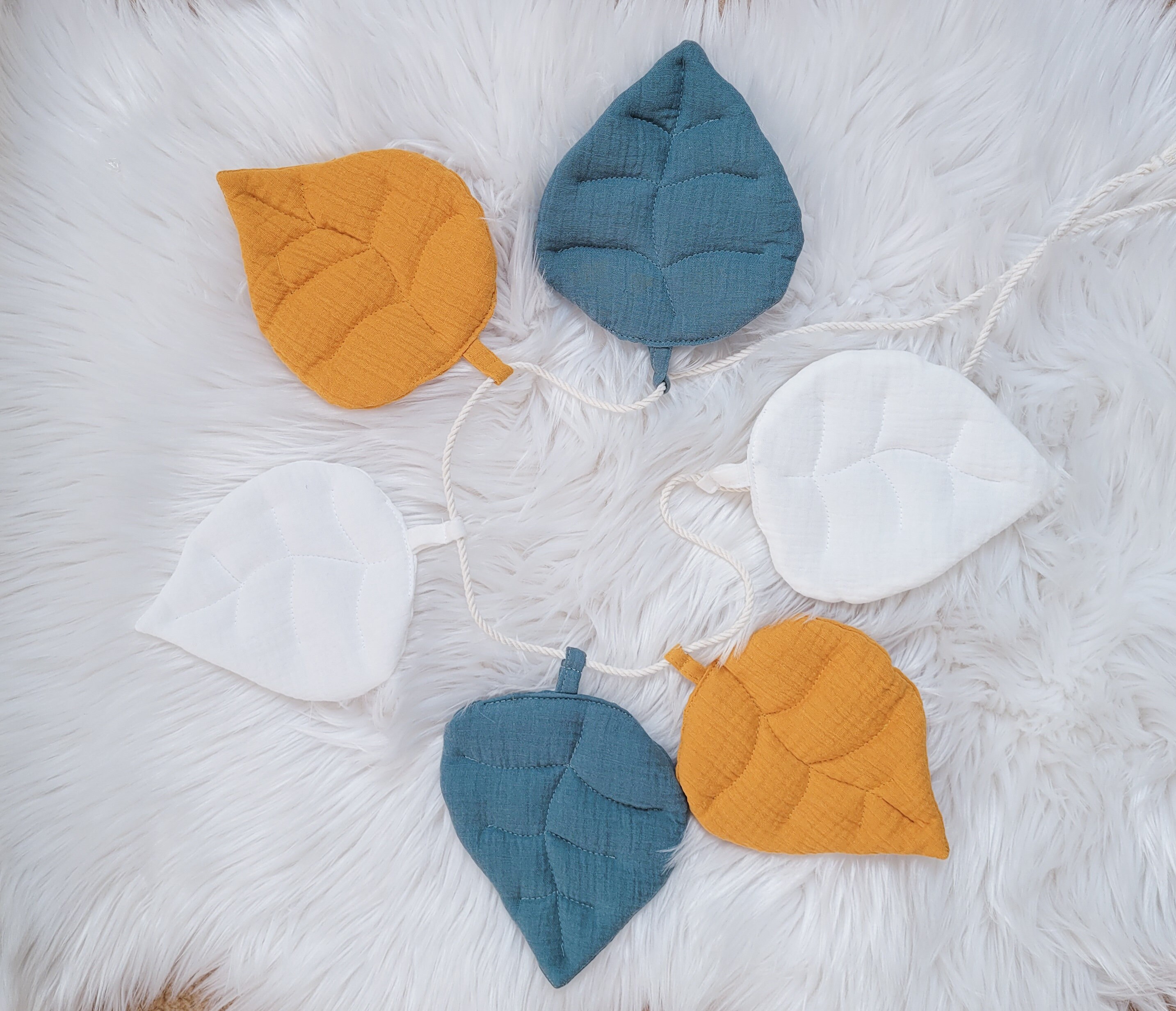 Muslin Garland - mustard, sage green  and ecru leaves, wall decoration, bed decoration