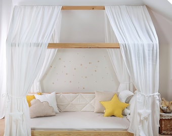 Baldacchino per letto a forma di casa in ecru, baldacchino in mussola, baldacchino per letto per bambini, tenda per letto per bambini piccoli, decorazione per cameretta per bambini,