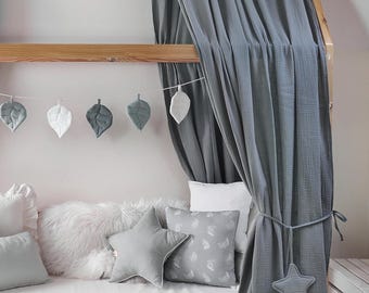Baldacchino per letto per bambini in mussola di cotone: tenda grigia a forma di casetta per letto per bambini con decorazione sospesa