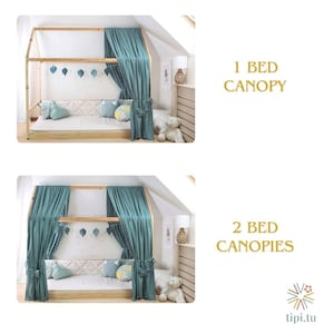 May include: A wooden bed frame with a house-shaped canopy, teal curtains, and decorative pillows. The bed is shown with one and two canopies. The text reads "1 BED CANOPY" and "2 BED CANOPIES".