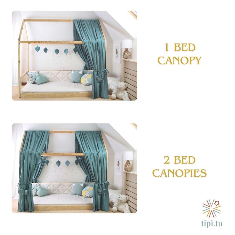 May include: A wooden bed frame with a house-shaped canopy, teal curtains, and decorative pillows. The bed is shown with one and two canopies. The text reads "1 BED CANOPY" and "2 BED CANOPIES".