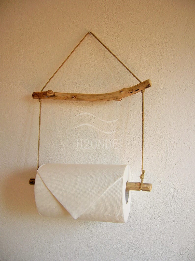 Kitchen roll paper towel holder hanger wall mount home decor driftwood coastal beach house rustic marine ocean wood twine natural shabby image 2