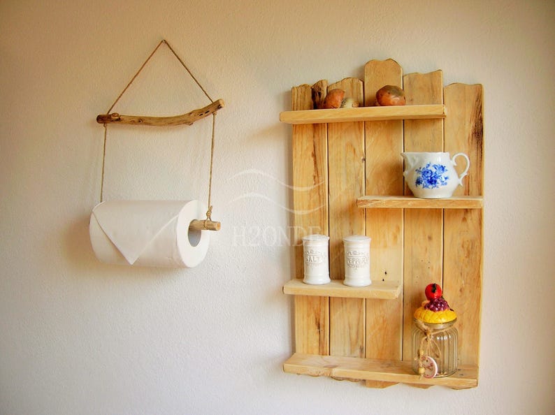 Kitchen roll paper towel holder hanger wall mount home decor driftwood coastal beach house rustic marine ocean wood twine natural shabby image 10