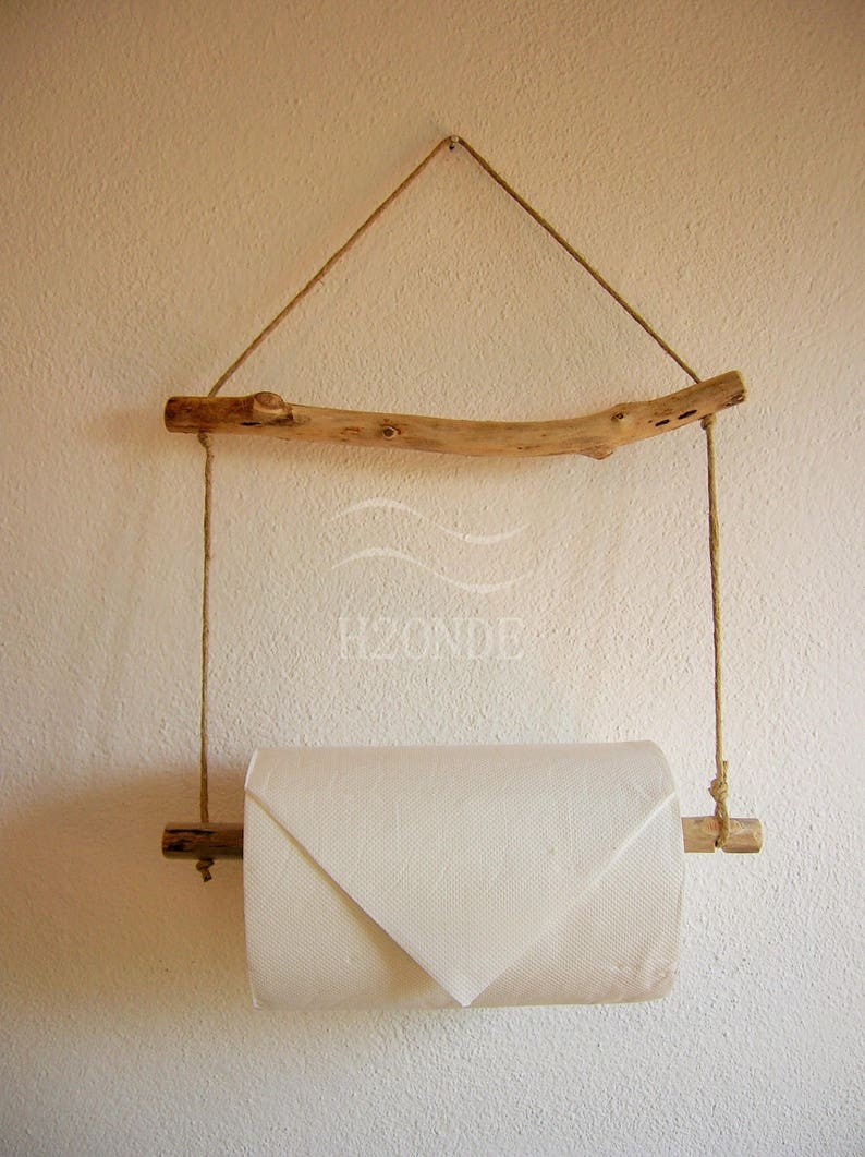 Kitchen roll paper towel holder hanger wall mount home decor driftwood coastal beach house rustic marine ocean wood twine natural shabby image 3