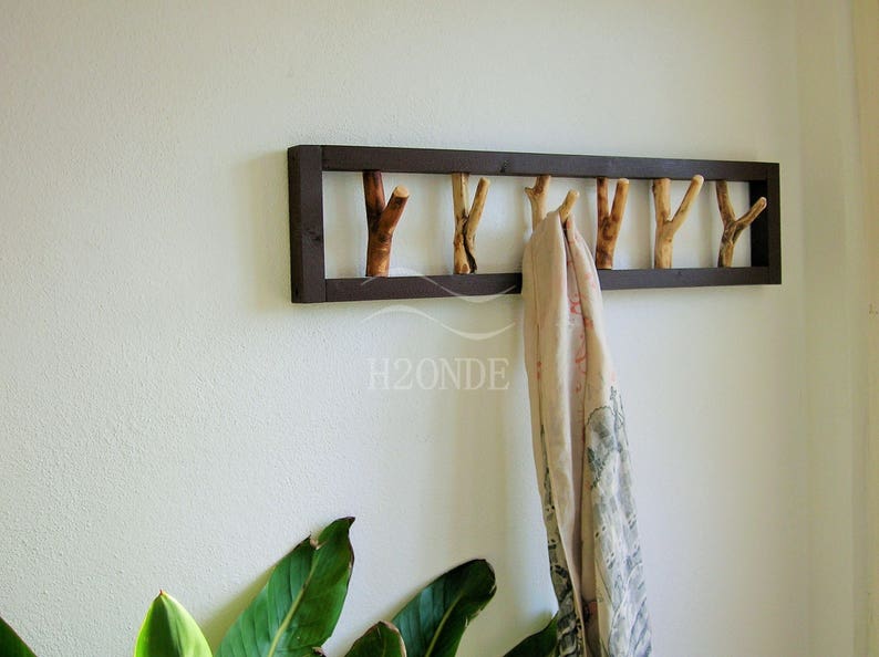 Wood tree branch hook coat rack mounted garment rustic frame hanger entryway decor scarf hanging clothing storage driftwood beach wall gift image 1