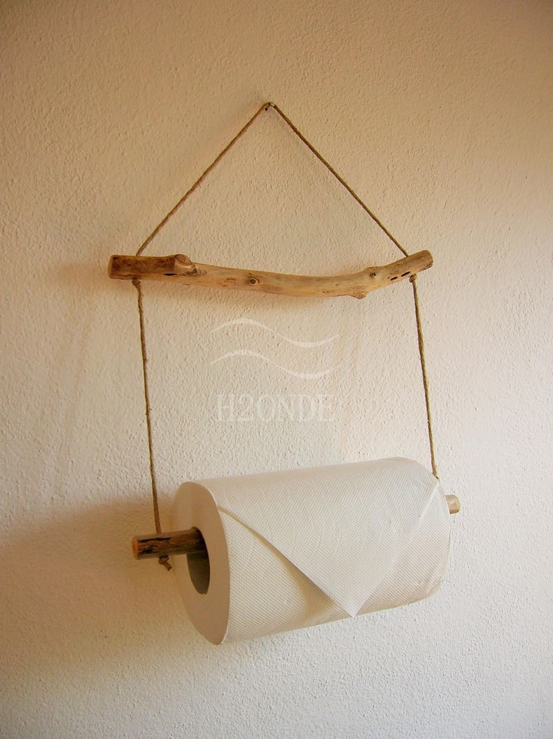 Kitchen roll paper towel holder hanger wall mount home decor driftwood coastal beach house rustic marine ocean wood twine natural shabby image 4