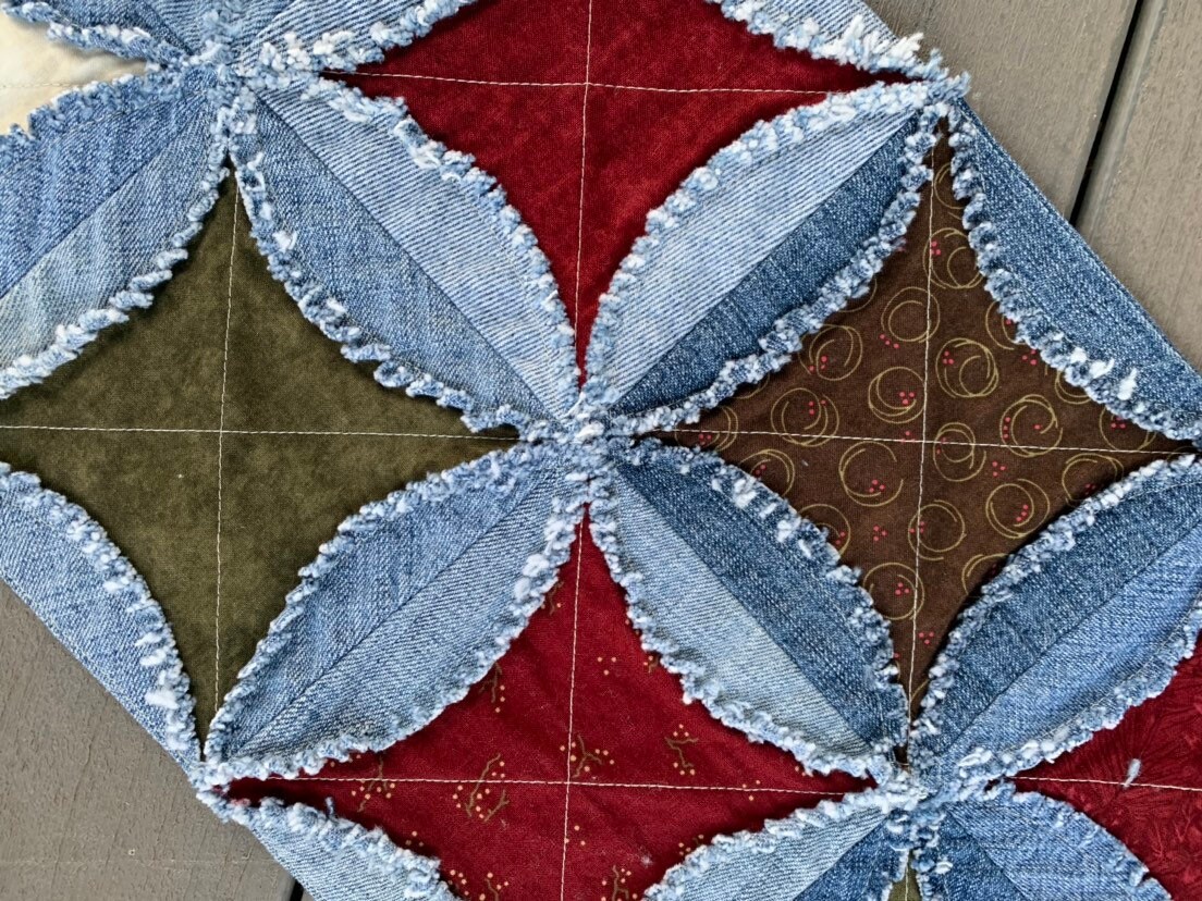 Denim Rag Table Runner Rag Quilt Christmas Runner Raggy Denim and Fabric Table Topper Handmade ...