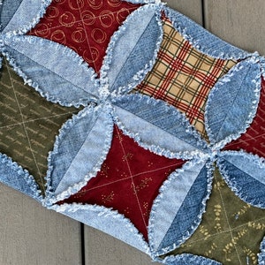 Rag Quilt Christmas Runner Raggy Denim and Fabric Table Topper Handmade Cathedral Window Red and Green Ragged Table Mat Christmas Decor