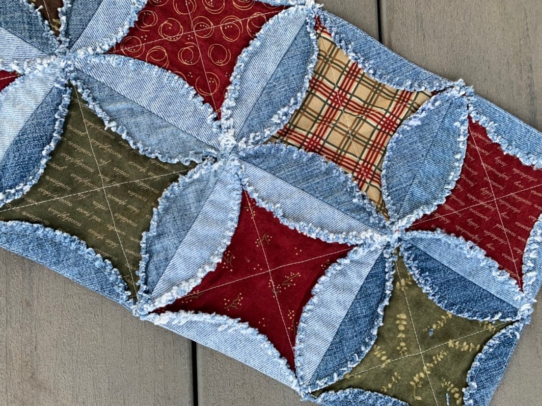 Rag Quilt Christmas Runner Raggy Denim and Fabric Table Topper Handmade Cathedral Window Red and Green Ragged Table Mat Christmas Decor