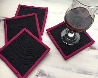 Quilted Coaster Set of 4 Black and Fuscia Fabric Coasters Artsy Modern Mug Rugs Handmade