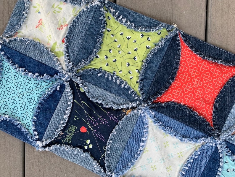 Denim Rag Table Runner Rag Quilt Runner Raggy Denim Bright Table Runner Handmade Cathedral ...