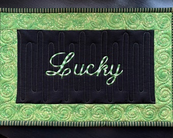 Quilted Mug Rug Lucky St Patrick’s Day Decor Irish Small Placemat Snack Mat Table Mat Green Black and Gold Mini Quilt St Patty’s Day Mug Rug