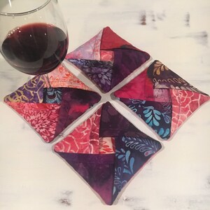 Wine Glass Coasters Set of 4 Modern Handmade Coasters Pink Purple Peach Teal Batik Fabric Mug Rugs Cotton Trivets Fresh Trendy Table Decor