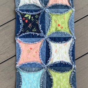 Denim Rag Table Runner Rag Quilt Runner Raggy Denim Bright Table Runner Handmade Cathedral ...
