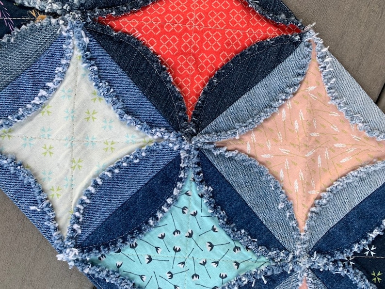 Denim Rag Table Runner Rag Quilt Runner Raggy Denim Bright Table Runner Handmade Cathedral ...