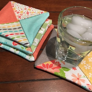 Coaster Set Bright Folded Fabric Coasters Set of 4 Handmade Square Fresh Fabric Coasters Drink Coasters Fun Prints Blue Coral Lime Yellow