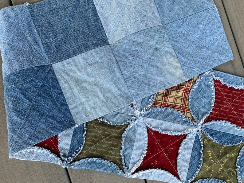Denim Rag Table Runner Rag Quilt Christmas Runner Raggy Denim and Fabric Table Topper Handmade ...