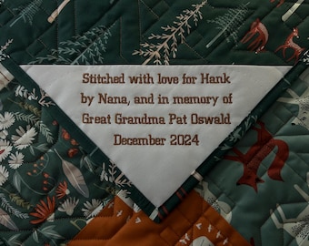 Custom Embroidered Quilt Label Triangle Corner Pocket Label Personalized Cotton Fabric Tag for Quilts Customized Heirloom Quality Embroidery