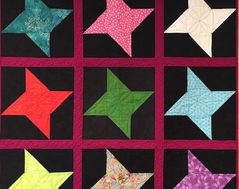 Star Wall Quilt Quilted Stars Wall Hanging Handmade Quilted Star Decor Throw Quilt Lap Quilt Couch Quilt Bright Colored Friendship Stars