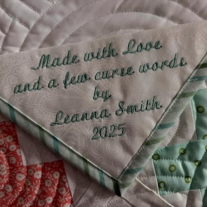 Custom Embroidered Quilt Label Triangular Corner Label Fabric Personalized Quilt Label Quilt Labels Quilt Tag Custom Embroidery Label Quilt