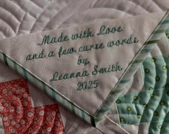 Custom Embroidered Quilt Label Triangular Corner Label Fabric Personalized Quilt Label Quilt Labels Quilt Tag Custom Embroidery Label Quilt