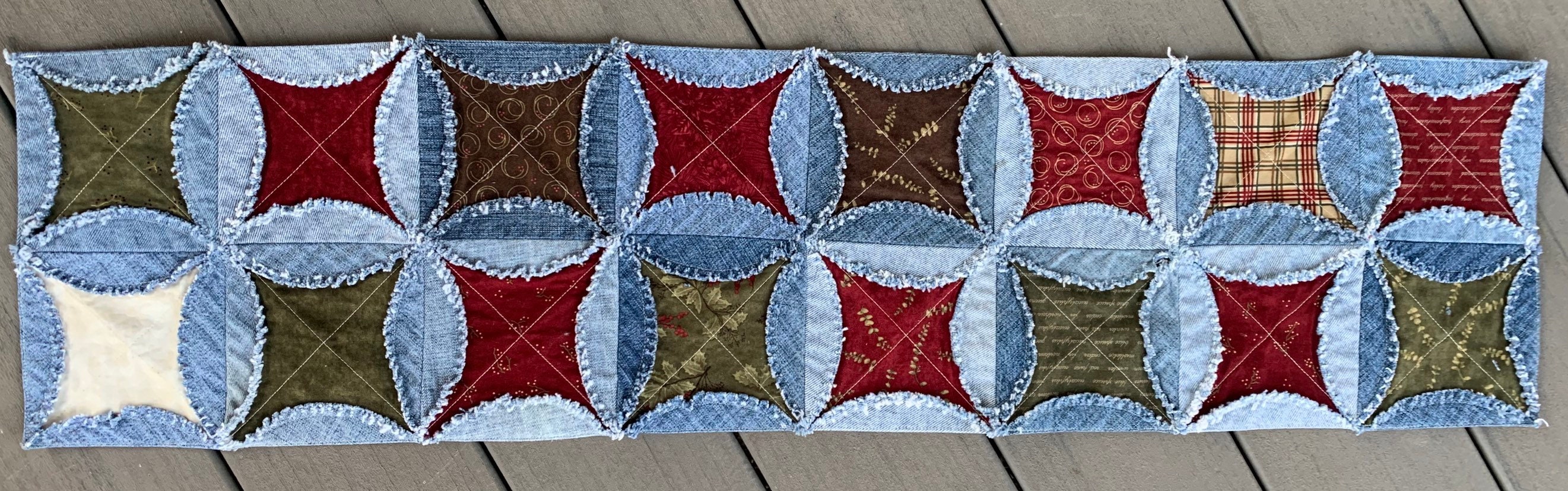 Denim Rag Table Runner Rag Quilt Christmas Runner Raggy Denim and Fabric Table Topper Handmade ...