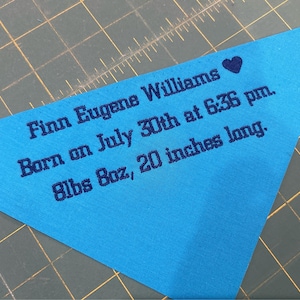 Op de afbeelding: Een lichtblauwe driehoekige stof met de tekst "Finn Eugene Williams Geboren op 30 juli om 18:36 uur. 8lbs 8oz, 20 inch lang." geborduurd in donkerblauw.