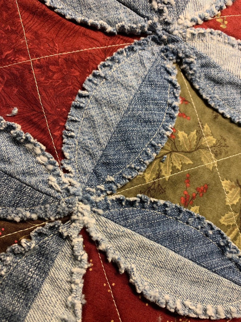 Denim Rag Table Runner Rag Quilt Christmas Runner Raggy Denim and Fabric Table Topper Handmade ...