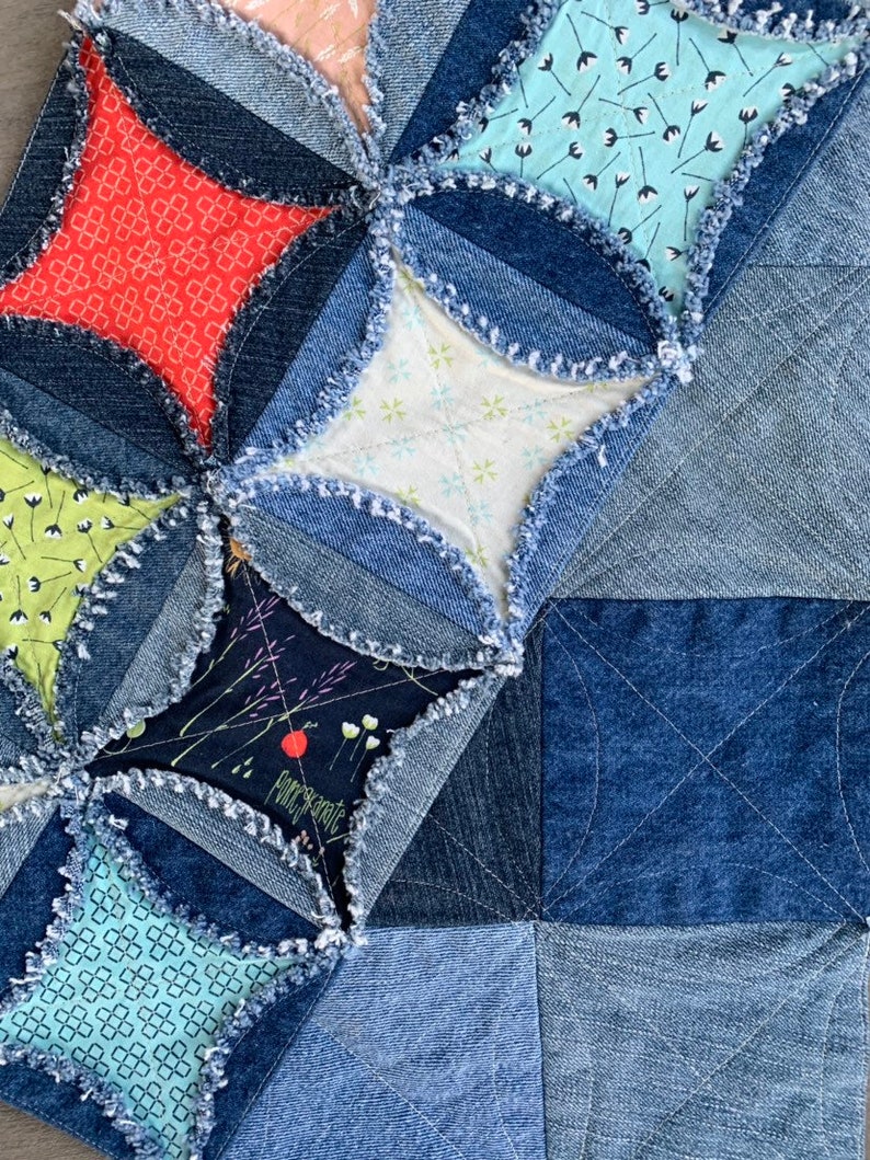 Denim Rag Table Runner Rag Quilt Runner Raggy Denim Bright Table Runner Handmade Cathedral ...
