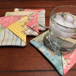 Coaster Set of 4 Folded Fabric Coasters Handmade Square Soft Floral Coasters Drink Coasters Flower and Stripe Prints Blue Green Pink Yellow