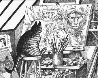 May include: A black and white illustration of a cat sitting on a stool, watching a painting of a lion and a monkey. The painting is on an easel with paintbrushes in a can next to it. There are tubes of paint on the table.