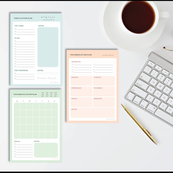 A5 Daily, Weekly, Monthly Minimalist pastel Planner Notepad | Desk Pad with notes section, water tracker, sleep tracker, self care tracker