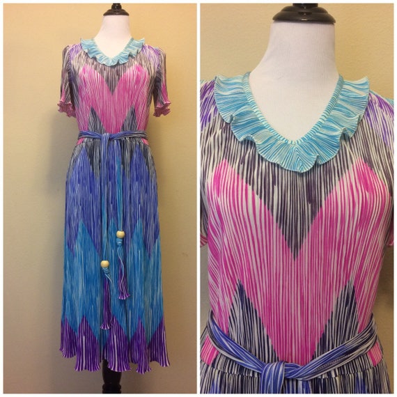 Vintage 60s 70s Multicolor Mushroom Pleat Dress |