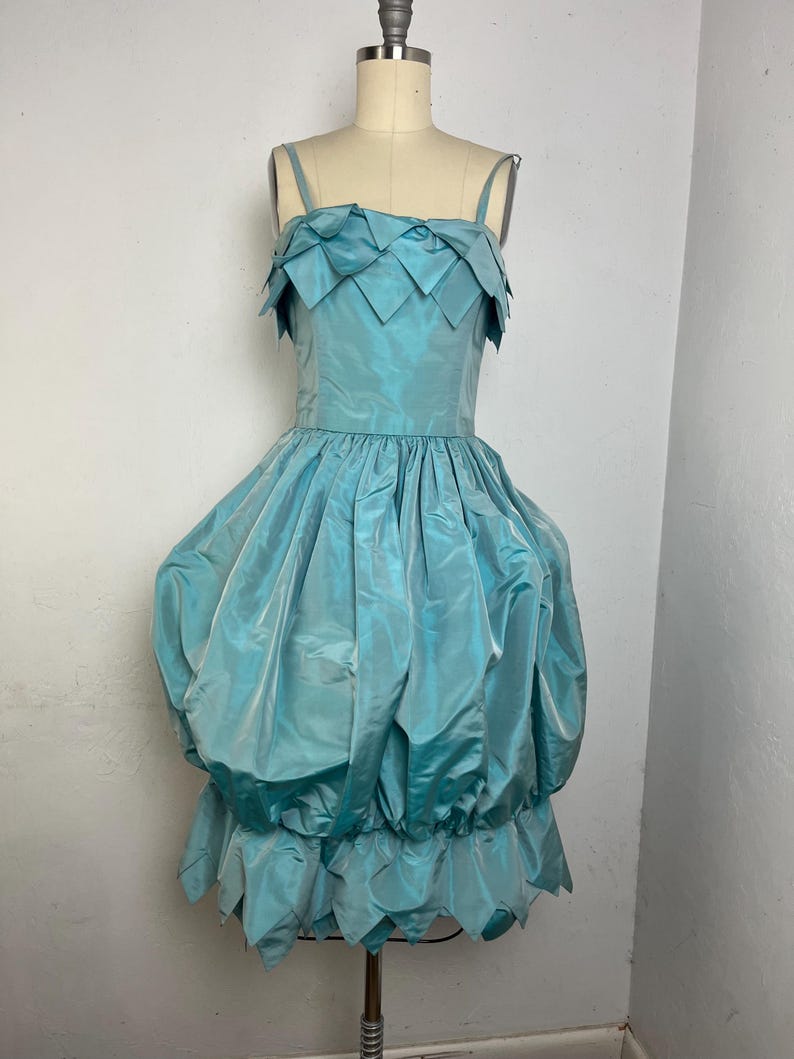 Vintage 1950s/60s Aqua Taffeta Bubble Party Dress — Tinkerbell Scallop Hem & Tiered Bodice - XS
