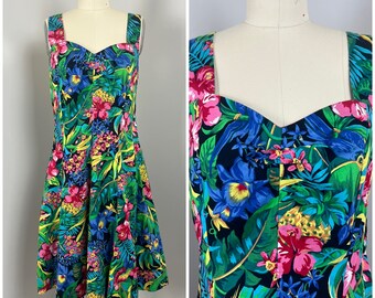 Vintage 80s Royal Creations Hawaiian Aloha Dress | 1980s Floral Print Sundress | Size Medium